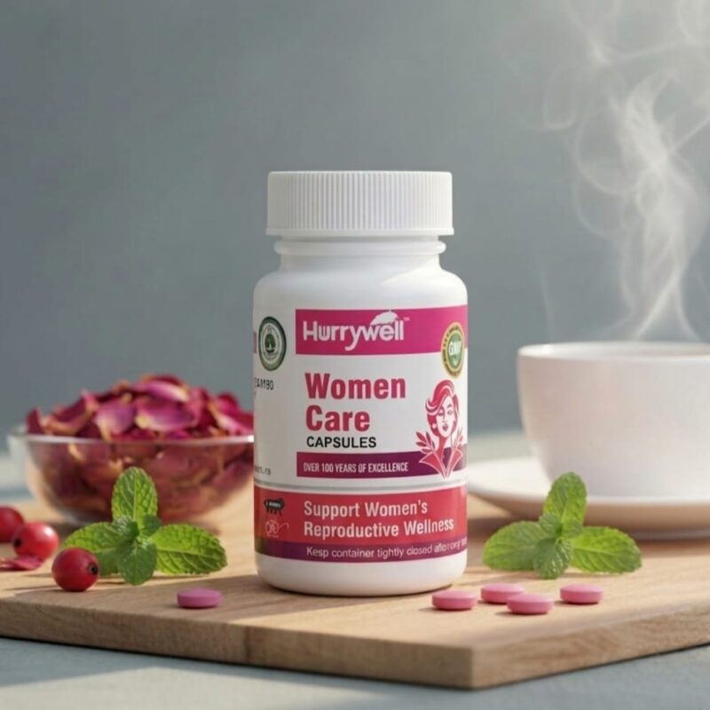 Hurrywell Women Care Capsules bottle placed on a wooden tray with rose petals, mint leaves, and a warm herbal tea setup in the background, representing women’s reproductive wellness support.