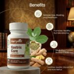 Hurrywell Gastric Care Capsules bottle with Ayurvedic herbs showing benefits for gas, bloating, heartburn, acidity, gut health, and acid reflux relief.