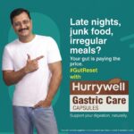 Man promoting Hurrywell Gastric Care Capsules for digestion support, acidity, bloating, and gut health with tagline about late nights and junk food.