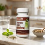 Hurrywell Gastric Care Capsules bottle placed on a kitchen counter with fennel seeds, mint leaves, and water glass, highlighting natural Ayurvedic digestive support for gas, bloating, heartburn, and acidity.