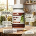 Hurrywell Gastric Care Capsules bottle displayed with Ayurvedic herbs in the background, highlighting relief from gas, bloating, heartburn, and hyper acidity with GMP certified herbal digestive support.