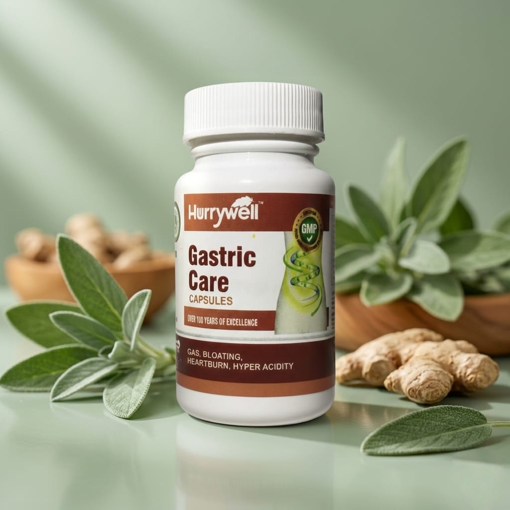 Hurrywell Gastric Care Capsules bottle with natural herbs for digestive support, gas, bloating, heartburn, and hyper acidity relief.