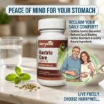 Hurrywell Gastric Care Capsules bottle placed on a kitchen counter with mint leaves and fennel seeds, promoting natural relief from gas, bloating, heartburn, acidity, and gastric discomfort.