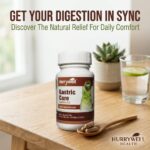 Hurrywell Gastric Care Capsules bottle placed on a wooden table with the tagline “Get Your Digestion In Sync – Discover The Natural Relief For Daily Comfort.”