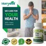 Hurrywell Piles Care Capsules bottle with a man experiencing piles discomfort and “We Care For Your Health” message highlighting 100+ years Ayurvedic experience.