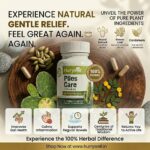 Hurrywell Piles Care Capsules bottle with natural Ayurvedic ingredients like Nopal Extract, Senna Leaf, and Cardamom displayed on a wooden background promoting gentle relief for piles, fissures, constipation, and gut health.