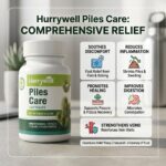 Hurrywell Piles Care Capsules bottle with comprehensive relief benefits including soothing discomfort, reducing inflammation, promoting healing, improving digestion, and strengthening veins for piles, fissure, fistula, and constipation support.