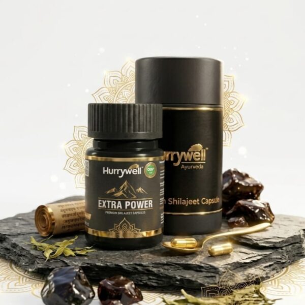 Hurrywell Extra Power Premium Shilajeet Capsules bottle with black premium packaging, gold capsules, and natural Ayurvedic ingredients displayed on a stone platform.