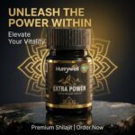 Hurrywell Extra Power capsules bottle displayed with the tagline “Unleash the Power Within” on a dark premium background featuring golden mandala artwork and mountain scenery.