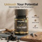 “Hurrywell Extra Power Capsules bottle with natural Ayurvedic ingredients displayed on a wooden surface for energy and vitality support.”