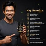 Man holding Hurrywell Extra Power Capsules bottle with key benefits including energy, stamina, vitality, and performance support displayed on a dark background.