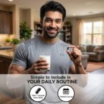 Man holding a Hurrywell Extra Power capsule with a glass of milk, showing simple daily routine usage instructions for twice daily consumption and 3 month course.