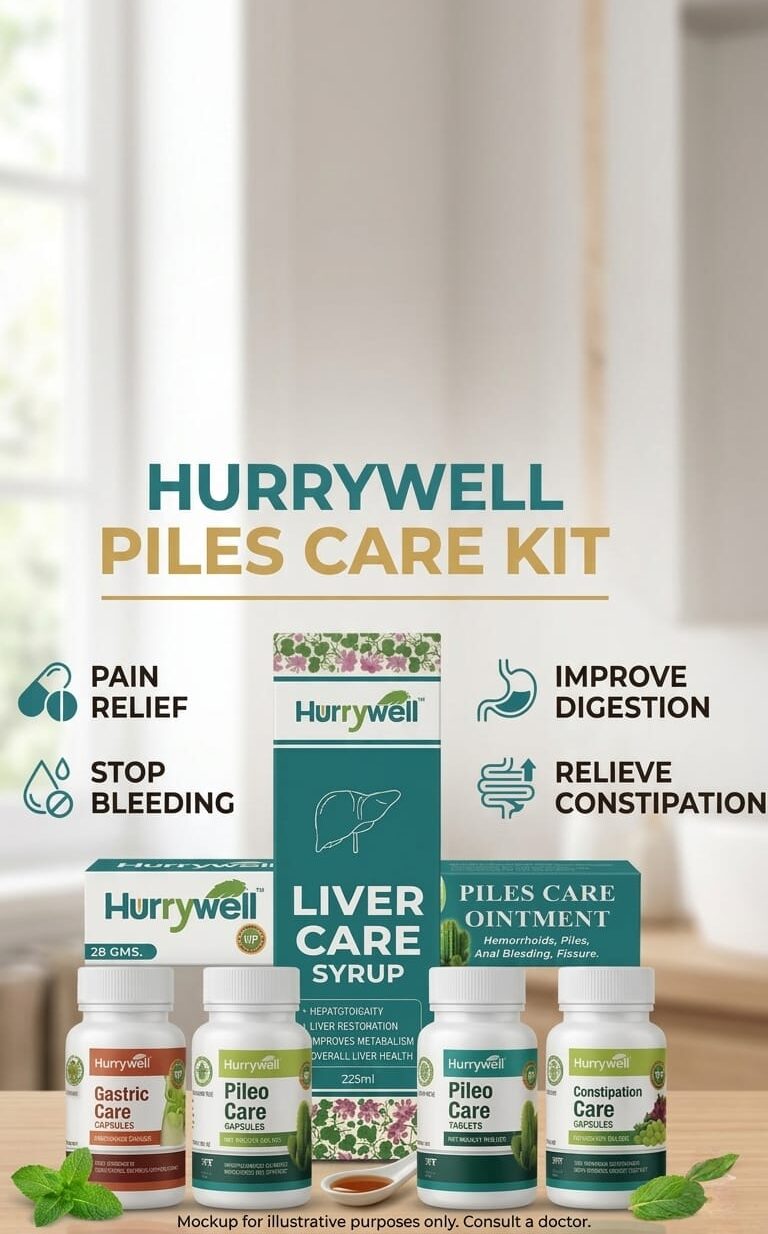 Hurrywell Piles Care Kit with Ayurvedic capsules, syrup, and ointment designed to support piles care, digestion, constipation relief, pain relief, and bleeding control naturally.