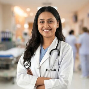 Dr. Samiksha Acharya, BAMS doctor at Hurrywell Ayurveda, smiling in a white coat with stethoscope in a hospital environment.