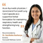 Ayurvedic doctor recommending Hurrywell Lung Care Capsules for respiratory wellness and lung health support.