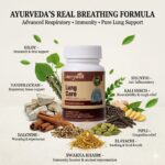 Hurrywell Lung Care Capsules Premium bottle surrounded by Ayurvedic herbs including Giloy, Vanshlochan, Dalchini, Shunthi, Kali Mirch, Pipli, Elayachi, and Swarna Bhasm with the headline “Ayurveda’s Real Breathing Formula” highlighting respiratory, immunity, and lung support benefits.