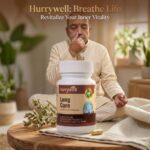 Person practicing breathing exercise with Hurrywell Lung Care Capsules for Ayurvedic respiratory wellness and healthy breathing support.