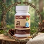 Hurrywell Lung Care Capsules with natural herbal background highlighting immune support, easy breathing, allergy relief, detoxification, and respiratory wellness.