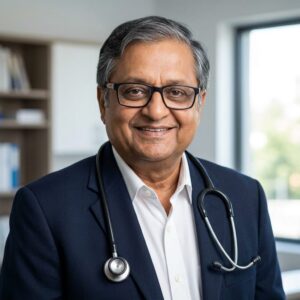 Dr. K.C. Sharma, BAMS doctor at Hurrywell Ayurveda, wearing a formal suit with stethoscope, smiling in a professional clinic setting.