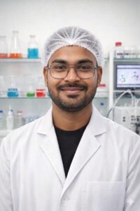 Mr. Deepak Patidar working in the Quality Control Department at Hurrywell Ayurveda, wearing laboratory safety gear in a testing laboratory.
