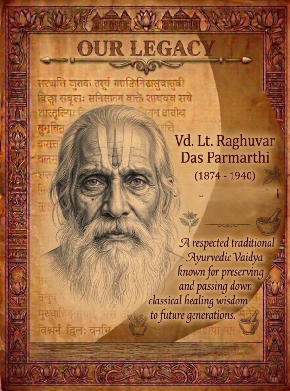 Illustration of Vd. Lt. Raghuvar Das Parmarthi, traditional Ayurvedic Vaidya known for preserving classical Ayurvedic healing wisdom for future generations.